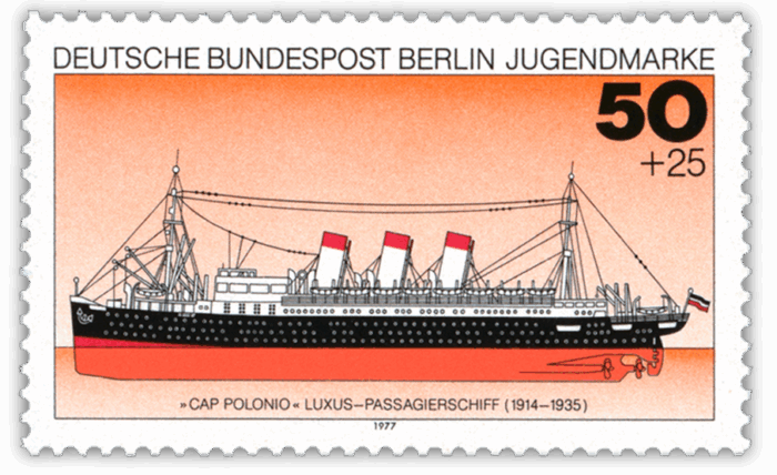 A German postage stamp depicting the luxury passenger ship Cap Polonio, namesake of the Hotel Cap Polonio, with three red and white funnels against an orange background. The stamp, with a value of 50+25, was issued in Berlin in 1977.
