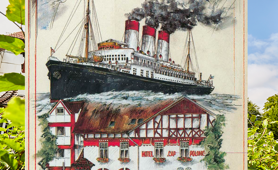 A collage-style illustration shows the steamship Cap Polonio with its three red and white funnels above the Hotel Cap Polonio building, which is surrounded by waves. Green foliage and the sky frame the illustration.
